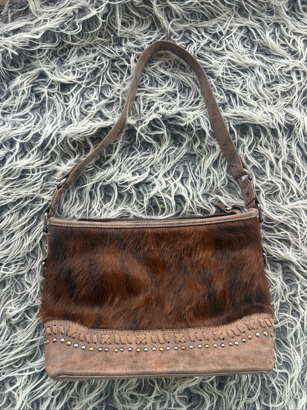Trinity Ranch Hair On Hide Leather Crossbody Bag Brown Western Cowhide Studded.